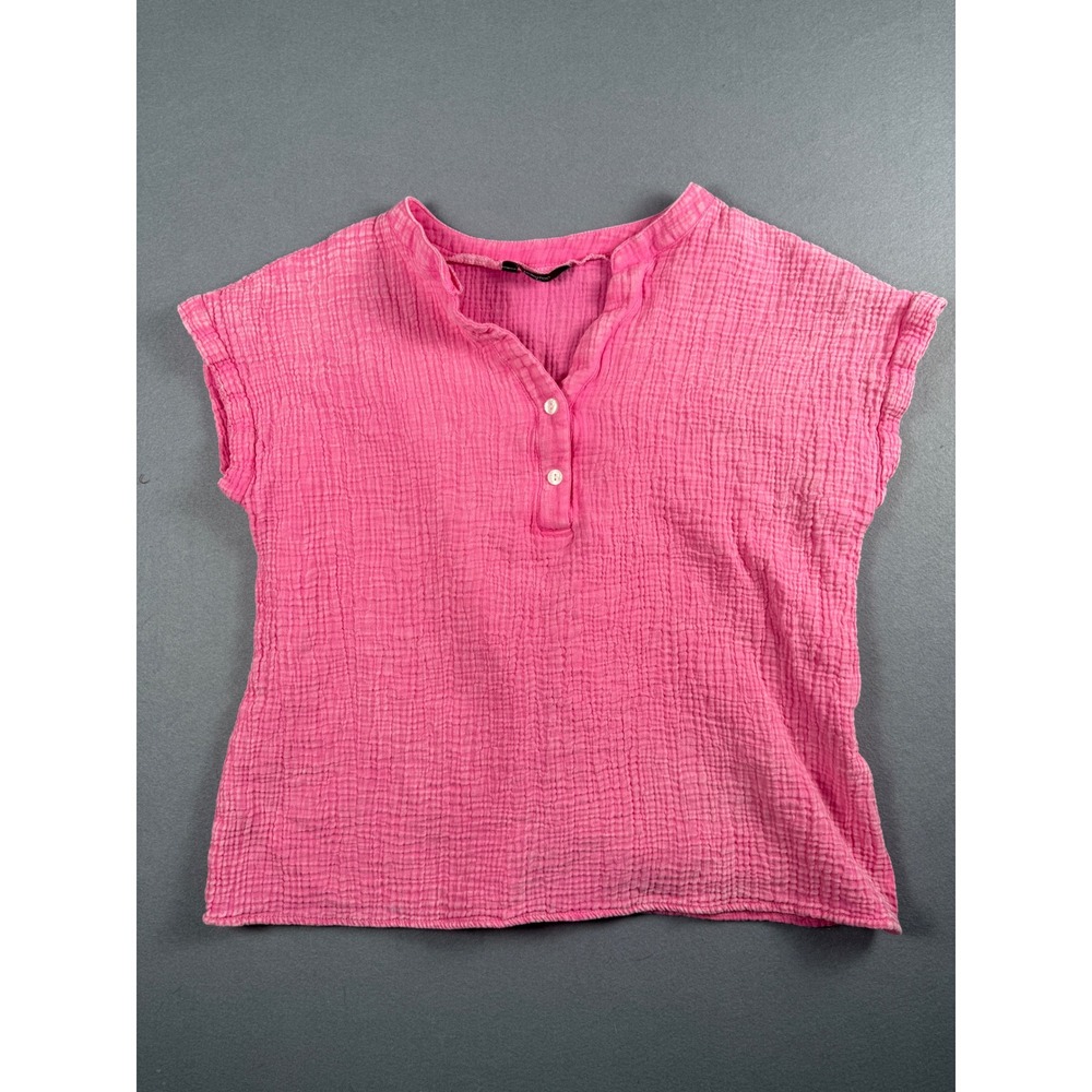 Dokotoo Womens Pink Cotton Gauze Henley Short Sleeve Crinkle‎ Top Large L